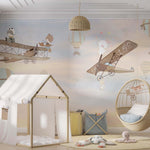 Tapet Personalizat Micii Exploratori cu animale zburand cu avioane pe cerul la apus - SERENE SKIES FLIGHT