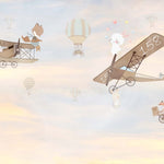 Tapet Personalizat Micii Exploratori cu animale zburand cu avioane pe cerul la apus - SERENE SKIES FLIGHT