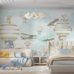Tapet Personalizat Micii Exploratori cu avioane si baloane cu aer cald pe fundal texturat  - TEXTURED SKY BALLOONS