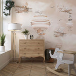 Tapet Personalizat Micii Exploratori cu animale in baloane cu aer cald si avioane in nuante crem sepia - FLOATING ANIMALS
