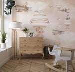Tapet Personalizat Micii Exploratori cu animale in baloane cu aer cald si avioane in nuante crem sepia - FLOATING ANIMALS