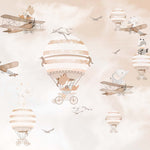 Tapet Personalizat Micii Exploratori cu animale in baloane cu aer cald si avioane in nuante crem sepia - FLOATING ANIMALS
