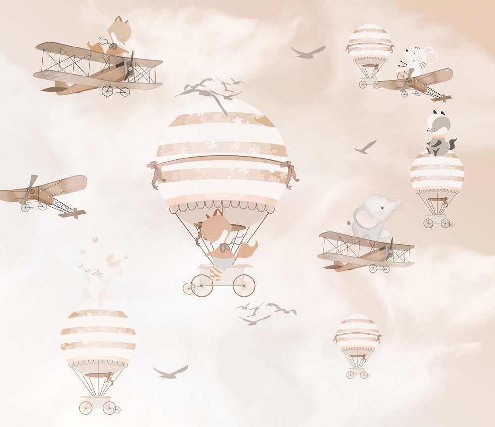 Tapet Personalizat Micii Exploratori cu animale in baloane cu aer cald si avioane in nuante crem sepia - FLOATING ANIMALS