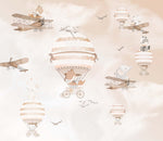Tapet Personalizat Micii Exploratori cu animale in baloane cu aer cald si avioane in nuante crem sepia - FLOATING ANIMALS