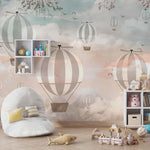 Tapet Personalizat Micii Exploratori cu baloane cu aer cald pe fundal montan in gradient - CLOUDS OVERLAY