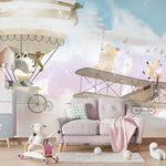 Tapet Personalizat Micii Exploratori cu animale care canta pe avion pe cerul multicolor - PASTEL FLYING SONGS