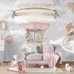Tapet Personalizat Micii Exploratori cu animale si balon cu aer cald in ninsoare - SNOWY SKY HIGH