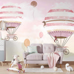 Tapet Personalizat Micii Exploratori cu baloane cu aer cald pe fundal roz-galben - PINK BIRTHDAY BALLOONS