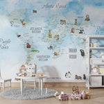 Tapet Personalizat Micii Exploratori cu harta lumii pentru copii pe fundal albastru texturat - TEXTURED BLUE MAP