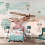 Tapet Personalizat Micii Exploratori cu avion biplan si baloane cu aer cald pe cerul gradient albastru crem - CALM SKY ABOVE