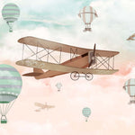 Tapet Personalizat Micii Exploratori cu avion biplan si baloane cu aer cald pe cerul gradient albastru crem - CALM SKY ABOVE