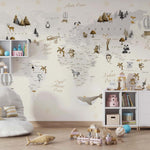 Tapet Personalizat Micii Exploratori cu harta lumii in nuante de bej cu fulgi de zapada - BEIGE SNOWFLAKES MAP