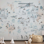 Tapet Personalizat Micii Exploratori cu harta lumii cu animale si avioane in nuante de albastru si bej - THE BLUE MAP