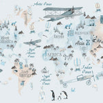 Tapet Personalizat Micii Exploratori cu harta lumii cu animale si avioane in nuante de albastru si bej - THE BLUE MAP