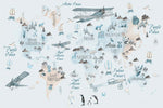 Tapet Personalizat Micii Exploratori cu harta lumii cu animale si avioane in nuante de albastru si bej - THE BLUE MAP