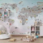 Tapet Personalizat Micii Exploratori cu harta lumii cu animale si avioane cu fundal in gradient de albastru si roz - PASTEL GREY CONTINENTS