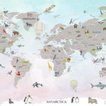 Tapet Personalizat Micii Exploratori cu harta lumii cu animale si avioane cu fundal in gradient de albastru si roz - PASTEL GREY CONTINENTS