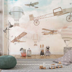 Tapet Personalizat Micii Exploratori cu avioane, baloane cu aer cald si fluturi in stil vintage - VINTAGE BUTTERFLY PLANES