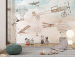 Tapet Personalizat Micii Exploratori cu avioane, baloane cu aer cald si fluturi in stil vintage - VINTAGE BUTTERFLY PLANES