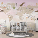 Tapet Personalizat Micii Exploratori cu harta lumii cu animale in nuante gradient de roz si crem - SUNNY MAP