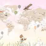 Tapet Personalizat Micii Exploratori cu harta lumii cu animale in nuante gradient de roz si crem - SUNNY MAP