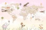 Tapet Personalizat Micii Exploratori cu harta lumii cu animale in nuante gradient de roz si crem - SUNNY MAP