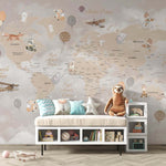 Tapet Personalizat Micii Exploratori cu harta lumii cu animale, baloane si avioane si accente de lumina - TWINKLE LIGHTS MAP