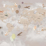 Tapet Personalizat Micii Exploratori cu harta lumii cu animale, baloane si avioane si accente de lumina - TWINKLE LIGHTS MAP