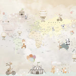 Tapet Personalizat Micii Exploratori cu harta lumii cu animalute la circ si baloane cu aer cald pe un fundal bej - BEIGE CELEBRATION MAP