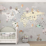Tapet Personalizat Micii Exploratori cu harta lumii cu animalute la circ si baloane cu aer cald pe un fundal gri - GREY CELEBRATION MAP