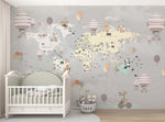 Tapet Personalizat Micii Exploratori cu harta lumii cu animalute la circ si baloane cu aer cald pe un fundal gri - GREY CELEBRATION MAP