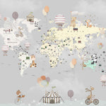 Tapet Personalizat Micii Exploratori cu harta lumii cu animalute la circ si baloane cu aer cald pe un fundal gri - GREY CELEBRATION MAP
