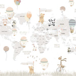 Tapet Personalizat Micii Exploratori cu harta lumii cu animalute plutind cu baloane cu aer cald pe un fundal alb - WHITE CELEBRATION MAP