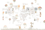 Tapet Personalizat Micii Exploratori cu harta lumii cu animalute plutind cu baloane cu aer cald pe un fundal alb - WHITE CELEBRATION MAP