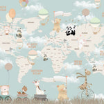 Tapet Personalizat Micii Exploratori cu harta lumii cu animalute plutind cu baloane cu aer cald pe un fundal albastru - BLUE CELEBRATION MAP