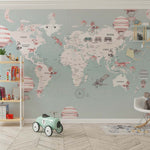 Tapet Personalizat Micii Exploratori cu harta lumii cu animale, baloane cu aer cald si avioane pe un fundal albastru deschis - LIGHT CYAN MAP