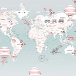 Tapet Personalizat Micii Exploratori cu harta lumii cu animale, baloane cu aer cald si avioane pe un fundal albastru deschis - LIGHT CYAN MAP