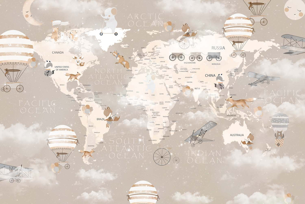 Tapet Personalizat Micii Exploratori cu harta lumii cu animale, baloane cu aer cald si avioane pe un fundal bej cu nori si accente de lumina - TWINKLE CLOUDY MAP