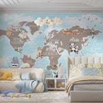 Tapet Personalizat Micii Exploratori cu continente si animalute ilustrate intr-un peisaj de iarna cu munti inzapeziti - BABY ANIMALS WINTER MAP