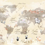 Tapet Personalizat Micii Exploratori cu continente si animalute ilustrate intr-un peisaj cu munti in nuante bej - DESERT MOUNTAIN MAP