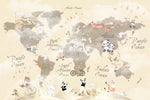 Tapet Personalizat Micii Exploratori cu continente si animalute ilustrate intr-un peisaj cu munti in nuante bej - DESERT MOUNTAIN MAP