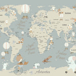 Tapet Personalizat Micii Exploratori cu harta lumii si animale calatoare - TRAVELING ANIMALS MAP