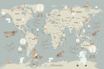 Tapet Personalizat Micii Exploratori cu harta lumii si animale calatoare - TRAVELING ANIMALS MAP