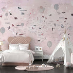 Tapet Personalizat Micii Exploratori cu harta lumii cu animale si baloane pe un fundal roz texturat - PINK TEXTURED ANIMALS MAP