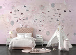 Tapet Personalizat Micii Exploratori cu harta lumii cu animale si baloane pe un fundal roz texturat - PINK TEXTURED ANIMALS MAP