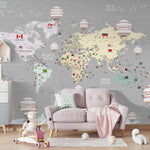 Tapet Personalizat Micii Exploratori cu harta globului pamantesc cu continente detaliate si baloane cu aer cald - GREY GLOBE MAP