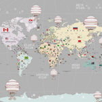 Tapet Personalizat Micii Exploratori cu harta globului pamantesc cu continente detaliate si baloane cu aer cald - GREY GLOBE MAP
