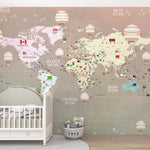 Tapet Personalizat Micii Exploratori cu harta globului pamantesc cu continente detaliate si baloane cu aer cald in nuante gradient - PEACHY GLOBE MAP