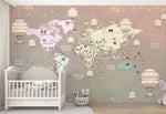 Tapet Personalizat Micii Exploratori cu harta globului pamantesc cu continente detaliate si baloane cu aer cald in nuante gradient - PEACHY GLOBE MAP