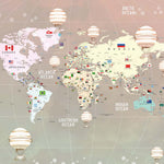 Tapet Personalizat Micii Exploratori cu harta globului pamantesc cu continente detaliate si baloane cu aer cald in nuante gradient - PEACHY GLOBE MAP